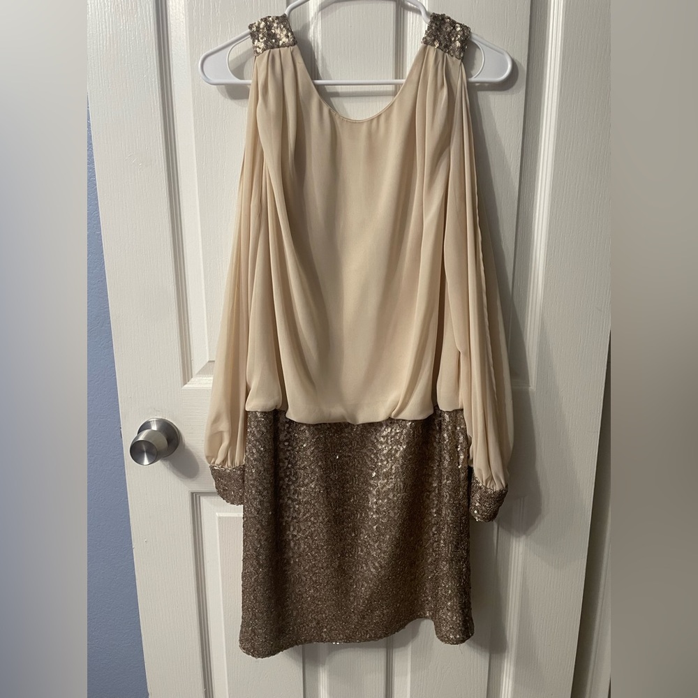 Cache Cream and Gold Sequined Dress